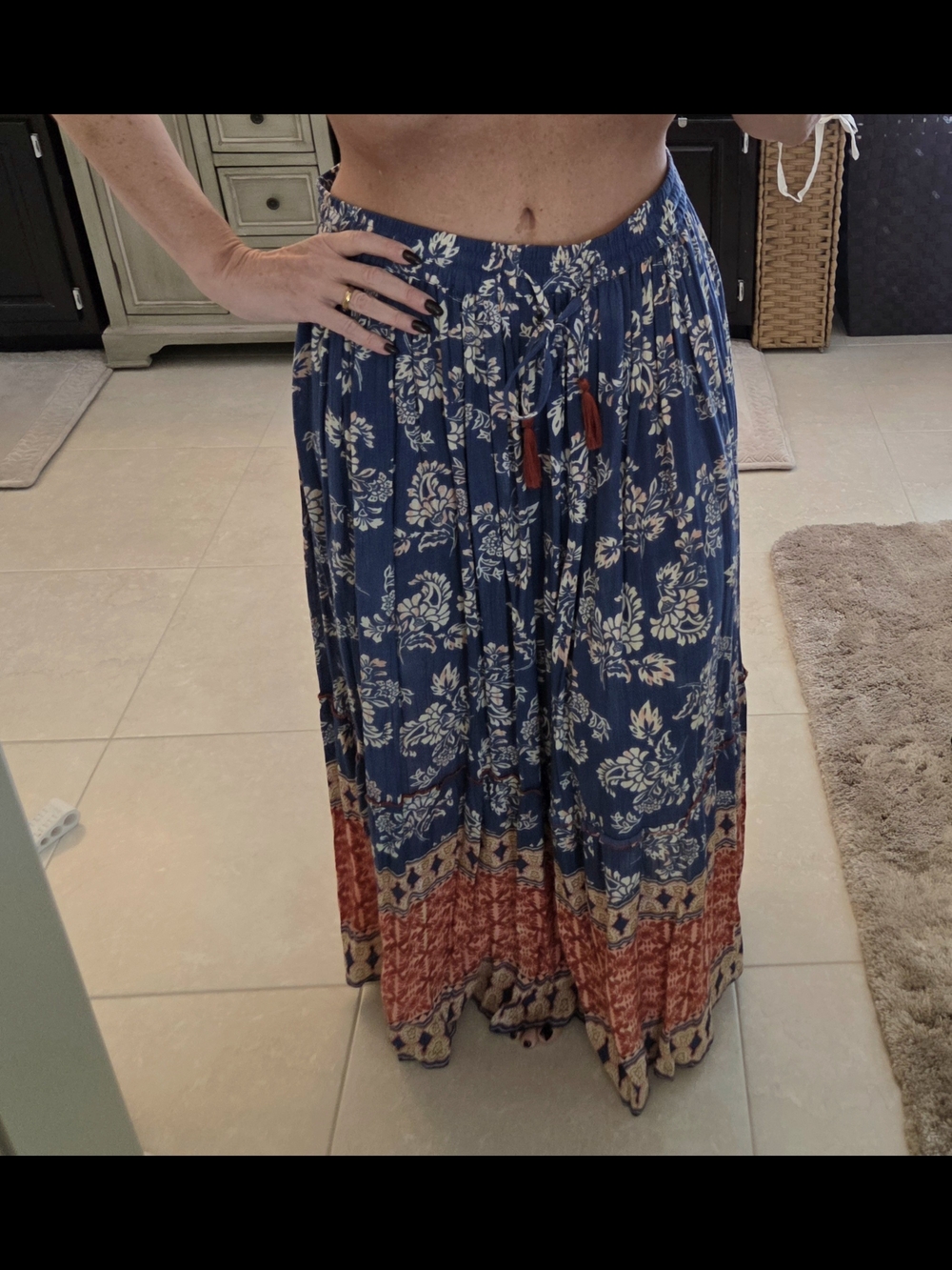 Boho Floral Border Maxi Skirt - Blue and Rust